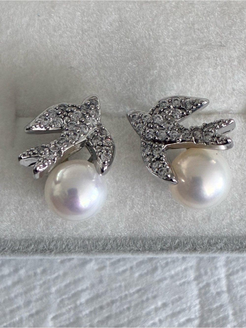 Freshwater Pearl Crystal Swallow Bird Stud Earrings | Silver Posts